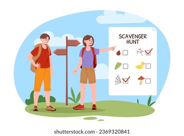 People at scavenger hunt concept. Man and woman with backpacks outdoor. Hiking and camping, active lifestyle. Young couple at nature searching for blue flower. Cartoon flat vector illustration