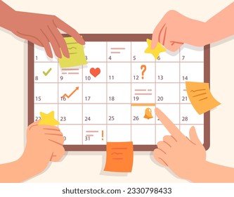 Concepto de personas y planificación. Notas pegajosas en el cargo. Calendario y programación, planificación. Organización de un flujo de trabajo eficaz y gestión del tiempo en el lugar de trabajo. Dibujo vectorial plano de dibujos animados