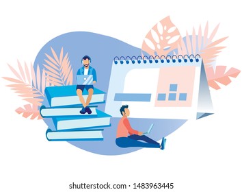 People Scheduling Operations, Tasks and Events on Calendar Flat Cartoon Vector Illustration. Boy Character in Headphones Sitting on Book Pile. Man Working on Laptop. Planning Agenda.