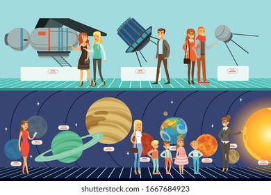 Personas en exposiciones de ciencia, visitantes aprendiendo sobre estrellas, planetas y sistemas solares en exhibición en ilustración de vectores planetarios