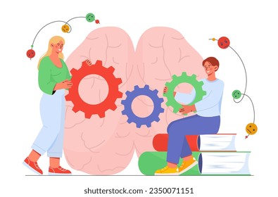 Gente con el concepto de disciplina científica. Hombre y mujer con artes multicolores sobre el fondo del cerebro. Anatomía y biología. Pensamiento lógico y creatividad. Dibujo vectorial plano de dibujos animados