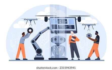 People with scientific engineering concept. Men develop robot, production automation. Artificial intelligence and machine learning. Factory employees, manufacturing. Cartoon flat vector illustration