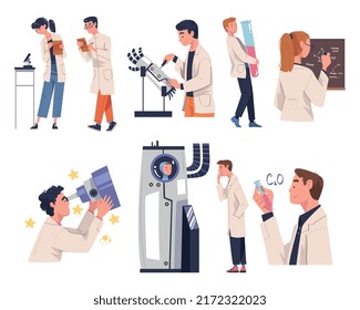 People Scientist Character Working in Laboratory Engaged in Research Vector Set