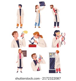 People Scientist Character Working in Laboratory Engaged in Research Vector Set