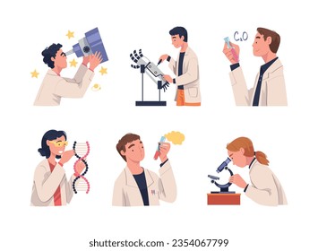 People Scientist Character Working in Laboratory Engaged in Research Vector Set