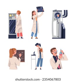 People Scientist Character Working in Laboratory Engaged in Research Vector Set