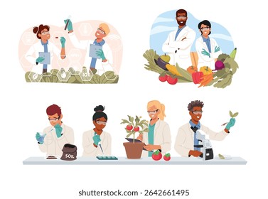 People scientist studying plants cultivating, breeding and producing excellent natural harvest cartoon. Agronomist team exploring new laboratory methods in biotechnology science vector illustration