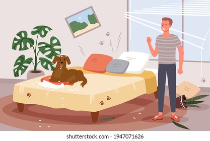 La gente regaña el problema del comportamiento de los perros, el hombre enojado regaña a doggy por el caos desordenado en el dormitorio