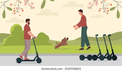 Pessoas no parque de scooter. Homem com cão no gramado, jovem na escooter. Transportes ecológicos. Cuidar da natureza e da ecologia. Viagens e viagens. Ilustração de vetor plano