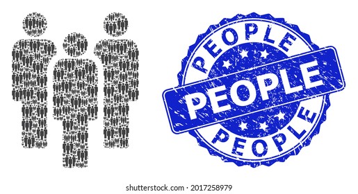 People scratched round seal and vector recursive mosaic people. Blue stamp seal includes People tag inside round shape. Vector mosaic is constructed of random people pictograms.