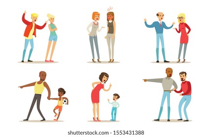 People scream at each other. Vector illustration.