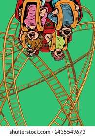 People scream and ride a roller coaster. Poster for amusement park and free leisure. A banner with a unique offer that will turn your head. Comic cartoon pop art retro vector illustration hand drawing
