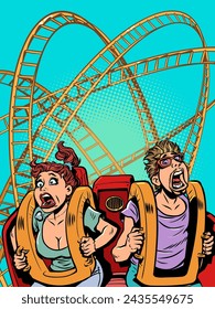 La gente grita y se monta en una montaña rusa. Póster para parque de atracciones y ocio gratuito. Un banner con una oferta única que te hará girar la cabeza. Dibujo de dibujos animados de arte pop retro ilustración vectorial