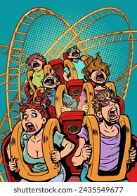 People scream and ride a roller coaster. Poster for amusement park and free leisure. A banner with a unique offer that will turn your head. Comic cartoon pop art retro vector illustration hand drawing