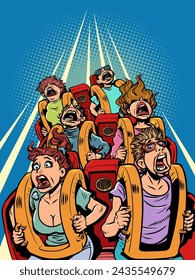 People scream and ride a roller coaster. Poster for amusement park and free leisure. A banner with a unique offer that will turn your head. Comic cartoon pop art retro vector illustration hand drawing