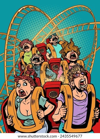 People scream and ride a roller coaster. Poster for amusement park and free leisure. A banner with a unique offer that will turn your head. Comic cartoon pop art retro vector illustration hand drawing