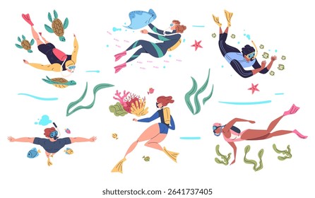 People scuba diving. Diver dive sea ocean underwater, man woman snorkel swim under water coral reef frogman immersion swimmer suit divers equipment, set classy vector illustration original artwork