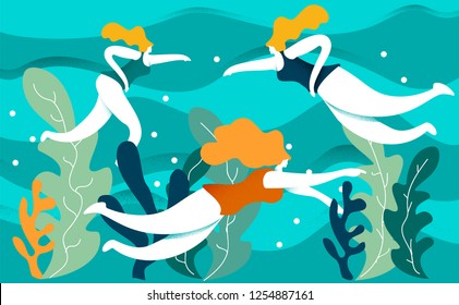 Gente en el mar o en el océano realizando diversas actividades.mujeres nadando, buceando.fondo.Ilustración vectorial de verano colorida al estilo del arte contemporáneo.Diseño moderno de color plano.textura de grano y ruido. 