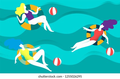 People in sea or ocean performing various activities.women swimming, diving.background.Summer Colorful vector illustration in contemporary art style.Modern flat color design.grain and noise texture. 