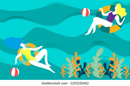 People in sea or ocean performing various activities.women swimming, diving.background.Summer Colorful vector illustration in contemporary art style.Modern flat color design.grain and noise texture. 