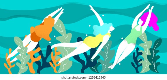 People in sea or ocean performing various activities.women swimming, diving.background.Summer Colorful vector illustration in contemporary art style.Modern flat color design.grain and noise texture. 