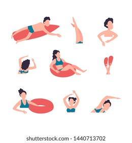 People in sea or ocean performing various activities. Men and women swimming, diving, surfing, lying on floating air mattress and sunbathing, playing with ball. Flat cartoon vector illustration.