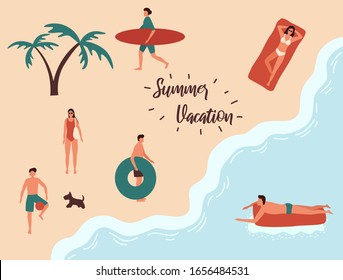 People in sea or ocean performing various activities.  Flat cartoon vector illustration.