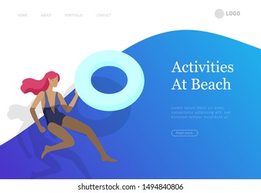 People in sea, pool or ocean performing activities. Men or women swimming in swimwear, diving, surfing, lying on floating air mattress, playing ball. Cartoon vector