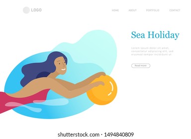 People in sea, pool or ocean performing activities. Men or women swimming in swimwear, diving, surfing, lying on floating air mattress, playing ball. Cartoon vector