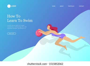 People in sea, pool or ocean performing activities. Men or women swimming in swimwear, diving, surfing, lying on floating air mattress, playing ball. Cartoon vector