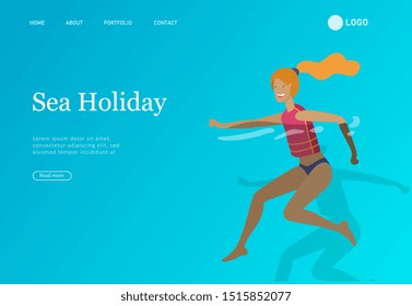 People in sea, pool or ocean performing activities. Men or women swimming in swimwear, diving, surfing, lying on floating air mattress, playing ball. Cartoon vector