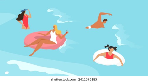 People in sea summer vacation, woman man girl character swim in ocean, vector illustration. Cartoon swimmer in water, flat holiday leisure ar resort. Summertime relax in bikini, tropical beach.