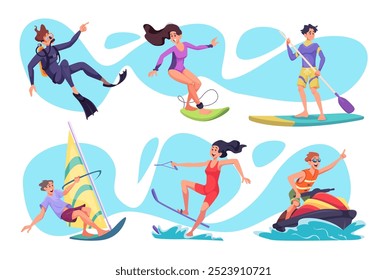 People sea. Water activities on ocean or river characters spend time on water diving or surfing or swimming exact vector template