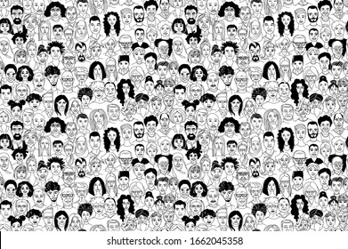 People seamless pattern background. Diverse multiethnic crowd of people. Hand drawn line drawing doodle vector illustration poster