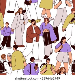 People, seamless pattern. Characters walking on busy city street, endless background design. Crowd, swarm, rush hour, repeating print. Flat graphic vector illustration for wallpaper, textile, fabric