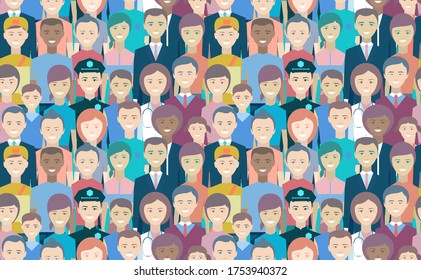 People seamless pattern. Man, woman, youth, seniors, police, doctor, courier, businessman, business, cop, peace. The civilian population is smiling. Happy faces of different races and ages. Vector