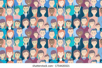 People seamless pattern. Man, woman, youth, seniors, children. Businessman, businesswoman. The civilian population is smiling. Happy faces of different races and ages. No discrimination. Vector.