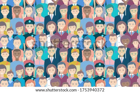 People seamless pattern. Man, woman, youth, seniors, police, doctor, courier, businessman, business, cop, peace. The civilian population is smiling. Happy faces of different races and ages. Vector
