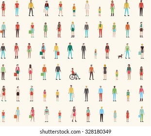 People Seamless Pattern With Set Of Flat Characters, Men, Women, Kids