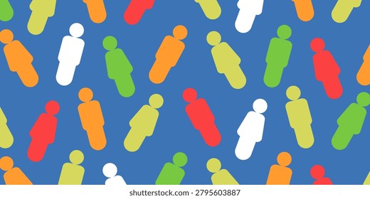 People seamless pattern vector, abstract multicolored community backdrop with flat stick figures for human resources presentation, global social network wallpaper, and diversity textile print.