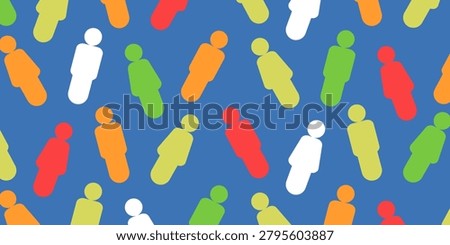 People seamless pattern vector, abstract multicolored community backdrop with flat stick figures for human resources presentation, global social network wallpaper, and diversity textile print.