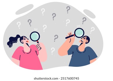 People search for answers to questions using magnifying glasses to find solutions and scientific research. Man and woman are studying faq trying to find answers or recommendations for solving problems