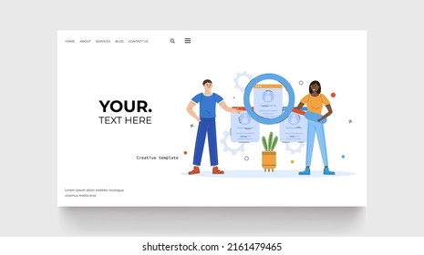 People search concept. Young man and woman search people for work. CV revision, work search. Vector illustration