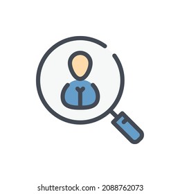 People search and Search for an employee color line icon. Magnifier glass with person inside vector outline colorful sign.