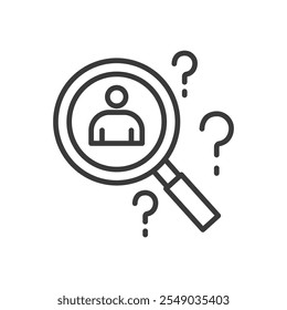 People search, icon in line design. People, search, magnifying, glass, profile, user on white background vector. People search editable stroke icon
