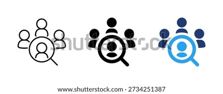 People search icon with user profile and magnifying glass. Symbol of finding, selection and analysis of people. Ideal for recruitment, hiring processes, HR systems, team management.