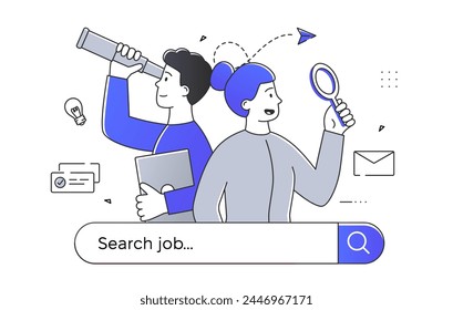 People search job linear. Man and woman with magnifying glass. Headhunting and recruiting. Jobless guy and girl, candidates at vacancy. Doodle flat vector illustration isolated on white background