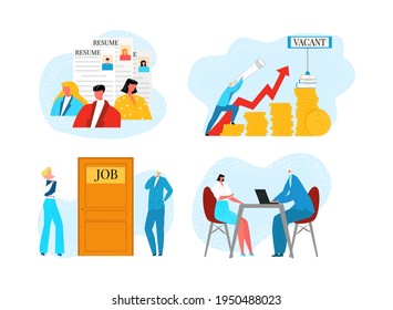 People search for job set, vector illustration. Business employee candidate concept, hr work recruitment interview. Hiring person, employment