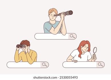 People search on internet, using binoculars or magnifying glass, looking out from behind search bar. Journalists conduct investigations collecting important information using osint technique