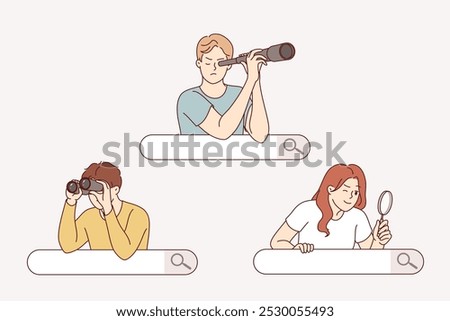 People search on internet, using binoculars or magnifying glass, looking out from behind search bar. Journalists conduct investigations collecting important information using osint technique
